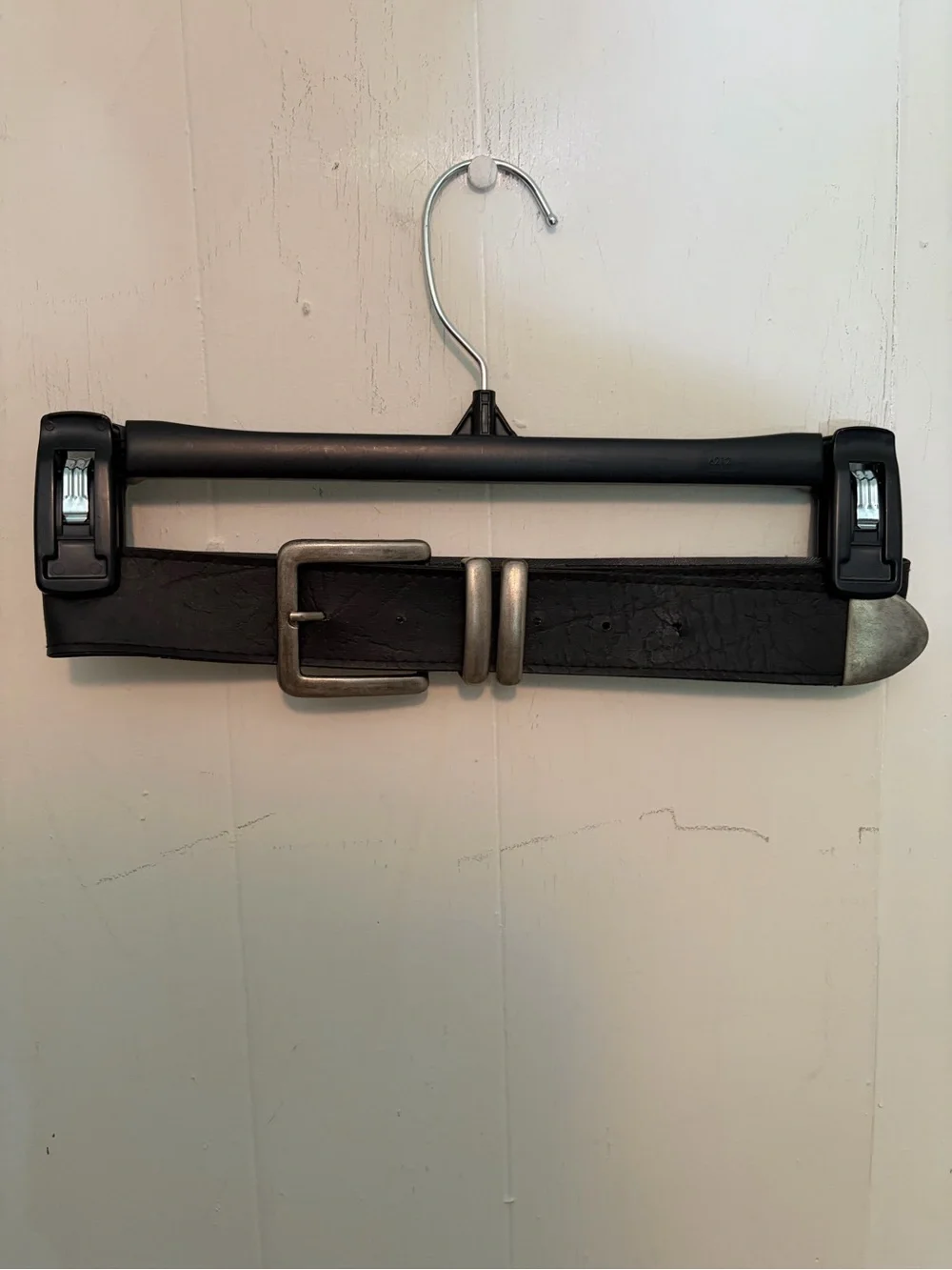 Unisex black belt with modern, brutalist silver buckle and details